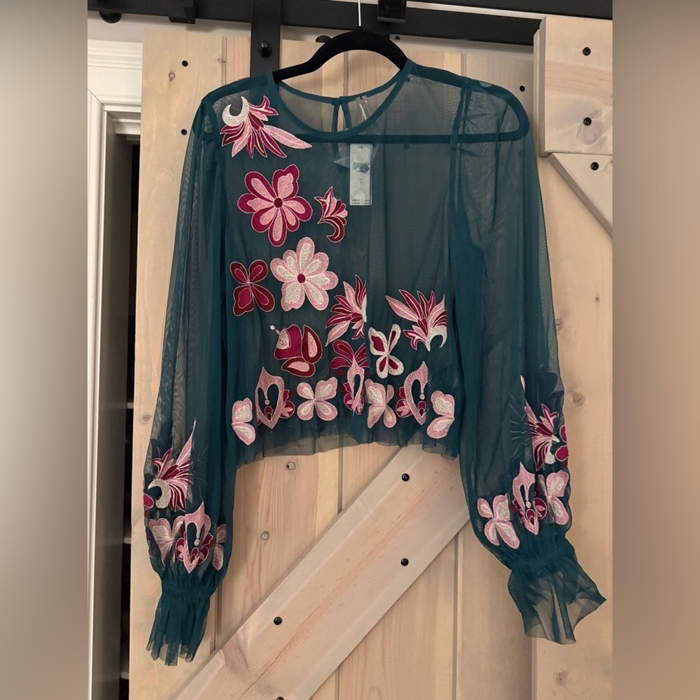 NWT By Anthropologie Embroidered Embroidered Mesh Blouse - Picture 7 of 11